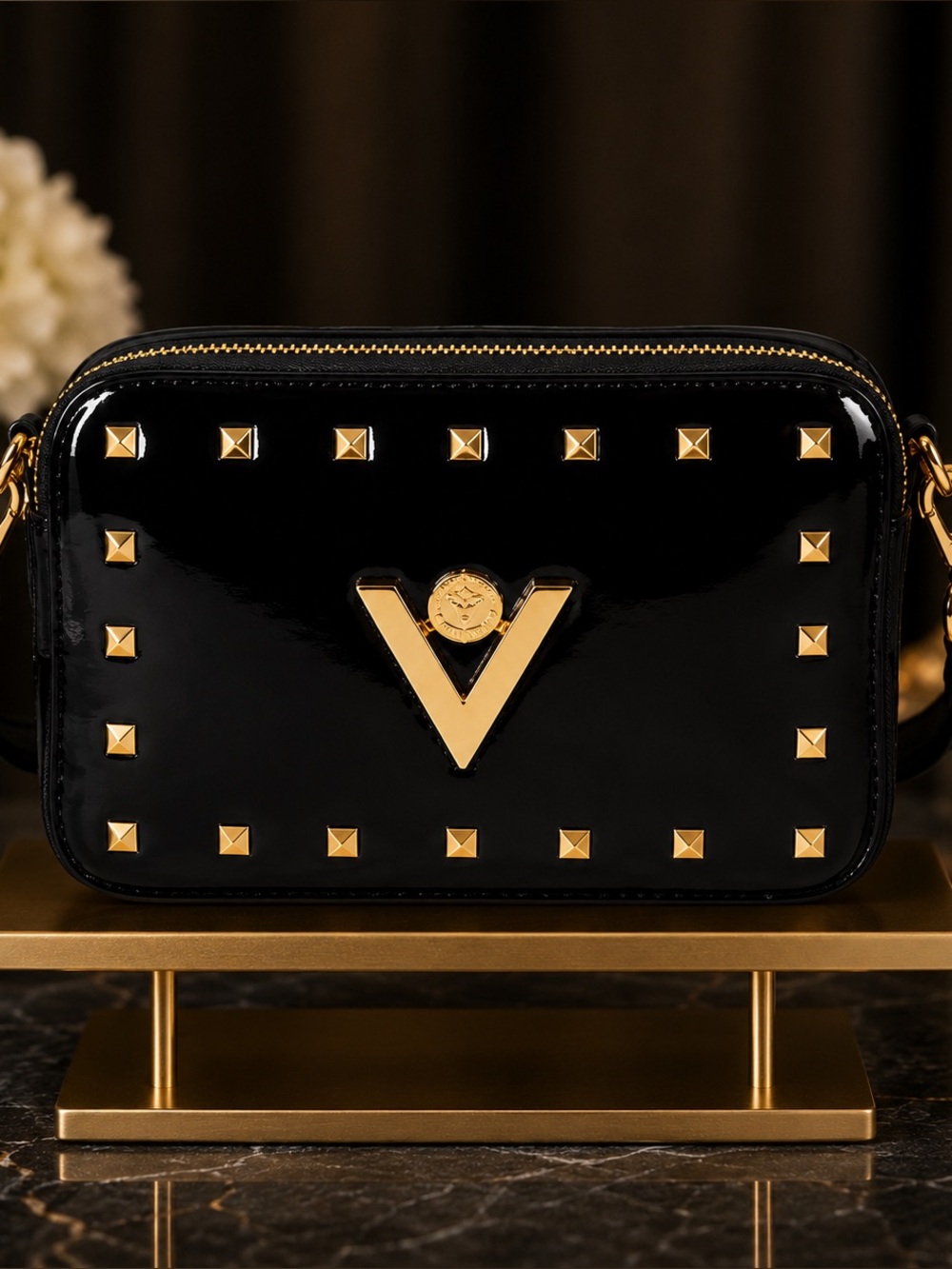 NWT Valentino Orlandi Patent Black Studded Crossbody Camera Bag Italian $280